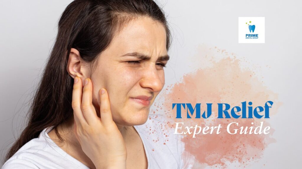 Woman holding her jaw in pain, symbolizing TMJ discomfort.