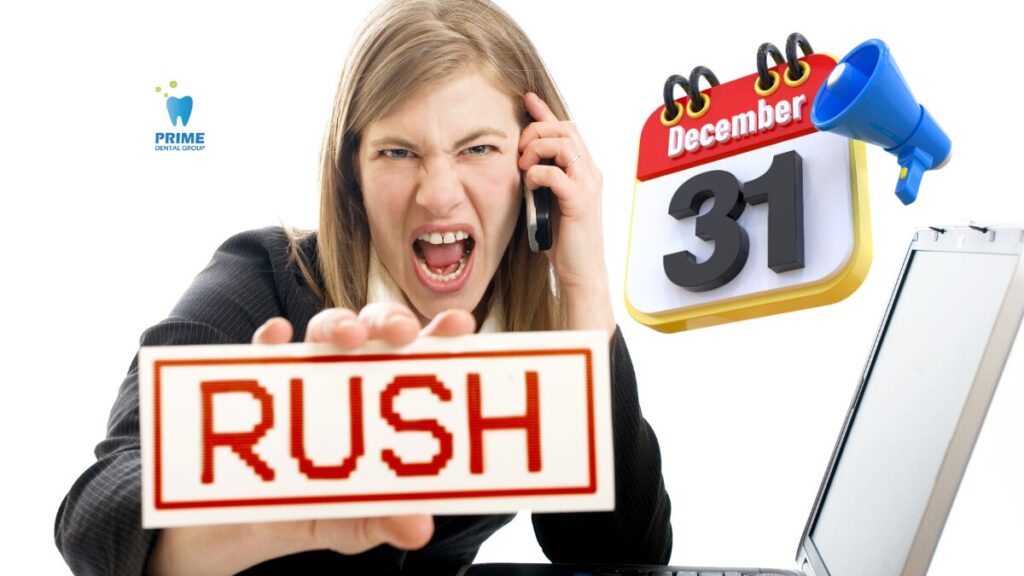 Woman holding "RUSH" sign while angrily talking on the phone, with year-end reminders.