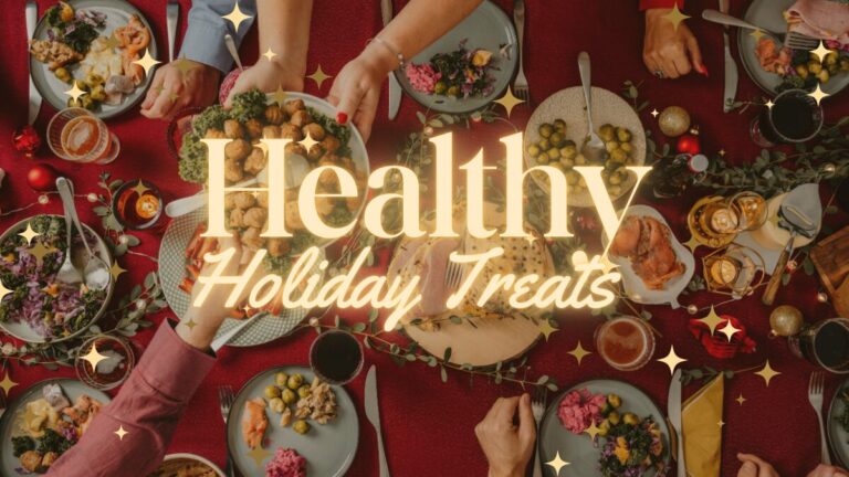 Festive holiday dinner table with various healthy dishes and hands sharing food.