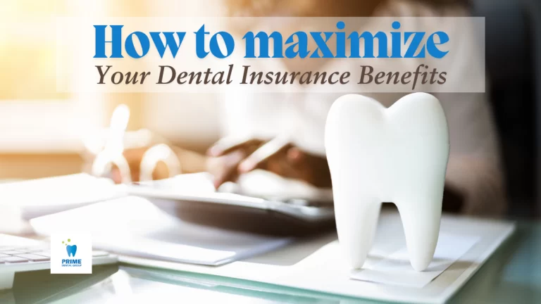 A ceramic tooth model on a desk with a blurred background of a woman writing, promoting dental insurance benefits.